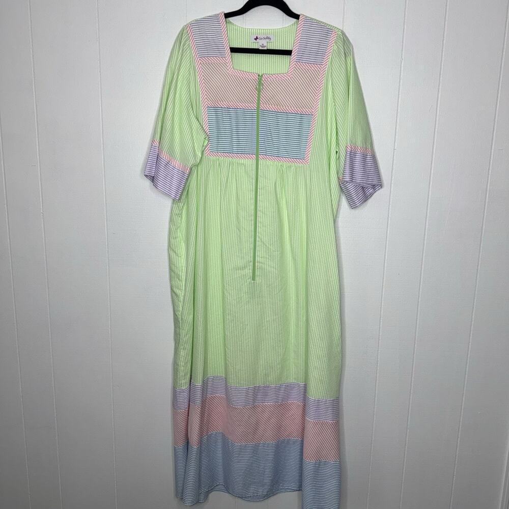 Go Softly Women’s Patio Dress Seersucker Lounger Muumuu Pastel Size XL